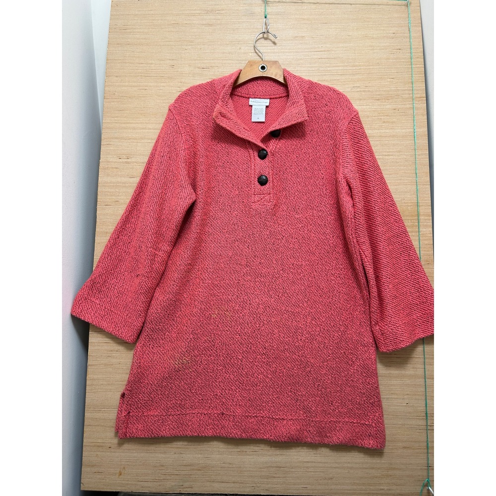 Soft Surroundings Womens Coral Pink Marled Knit Henley Tunic Sweater M 25928